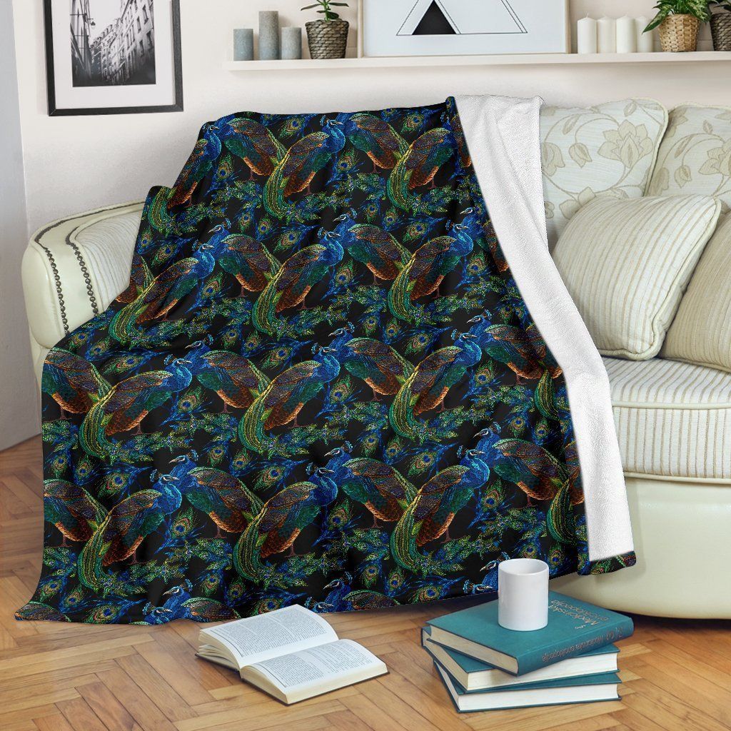 Peacock Themed Design Black Fleece Blanket