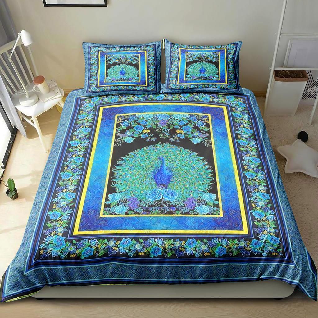 Peacock With Blue Flowers Bedding Set