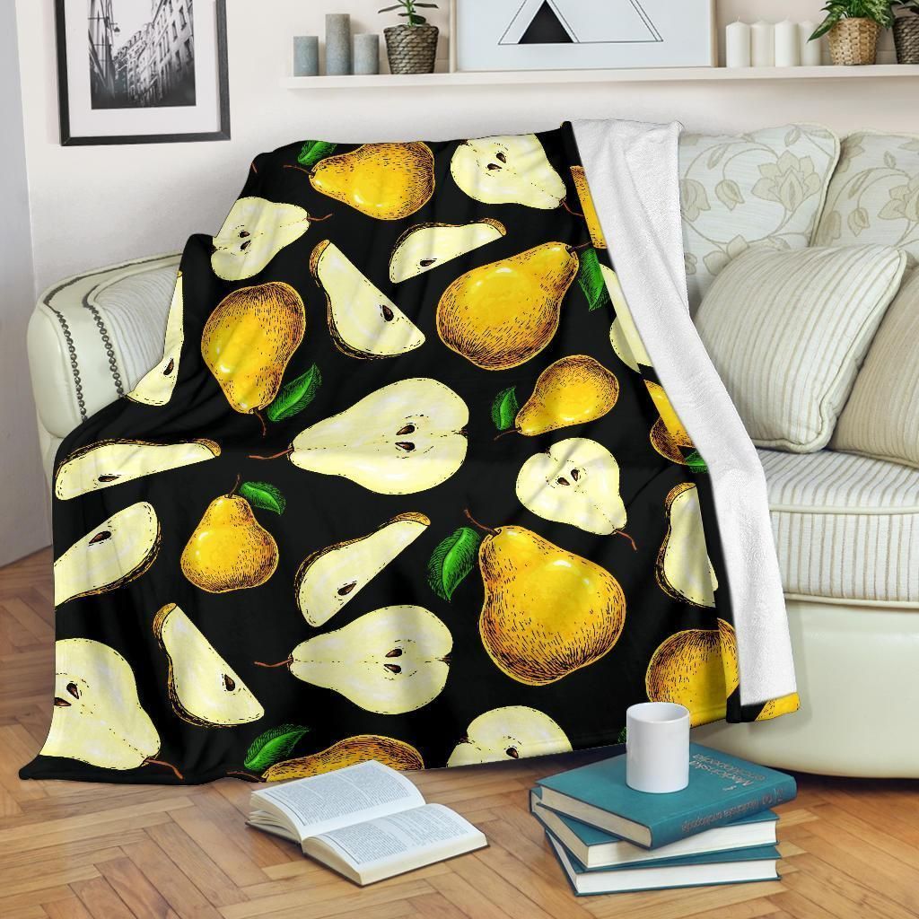 Pear Pattern Print Design Black Fleece Blanket