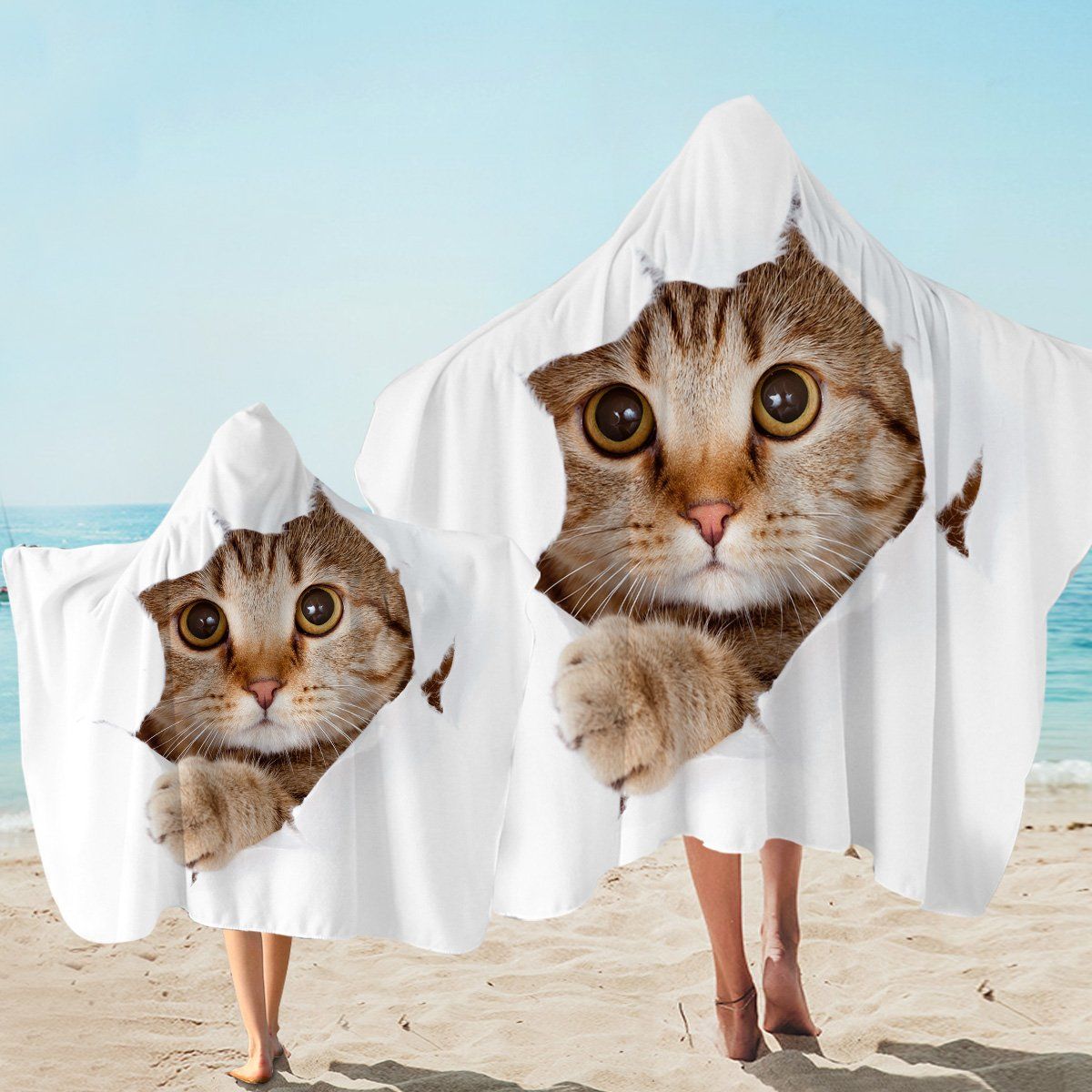 Peek A Meow On White Printed Hooded Towel