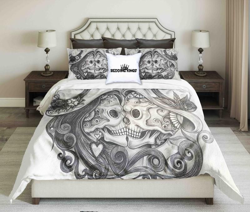 Pencil Sketch Heart Skull Bedding Set