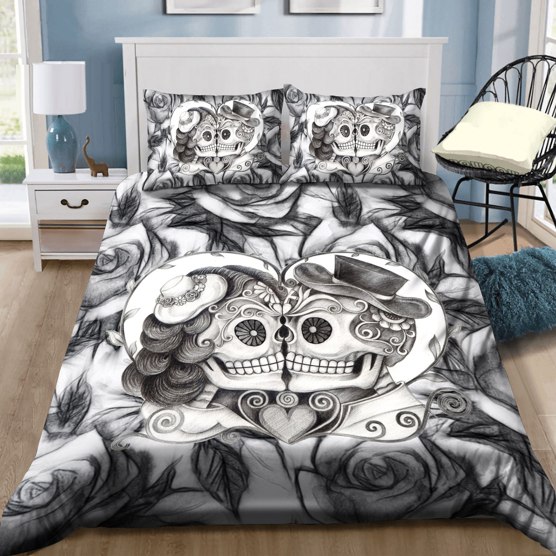 Pencil Sketch Rose Kissing Couple Sugar Skull Bedding Set