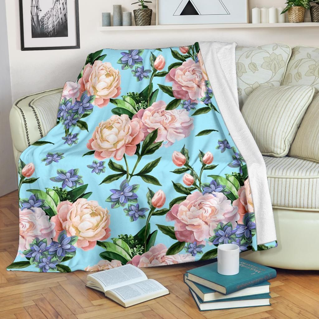 Peony Pattern Print Design Mint Fleece Blanket