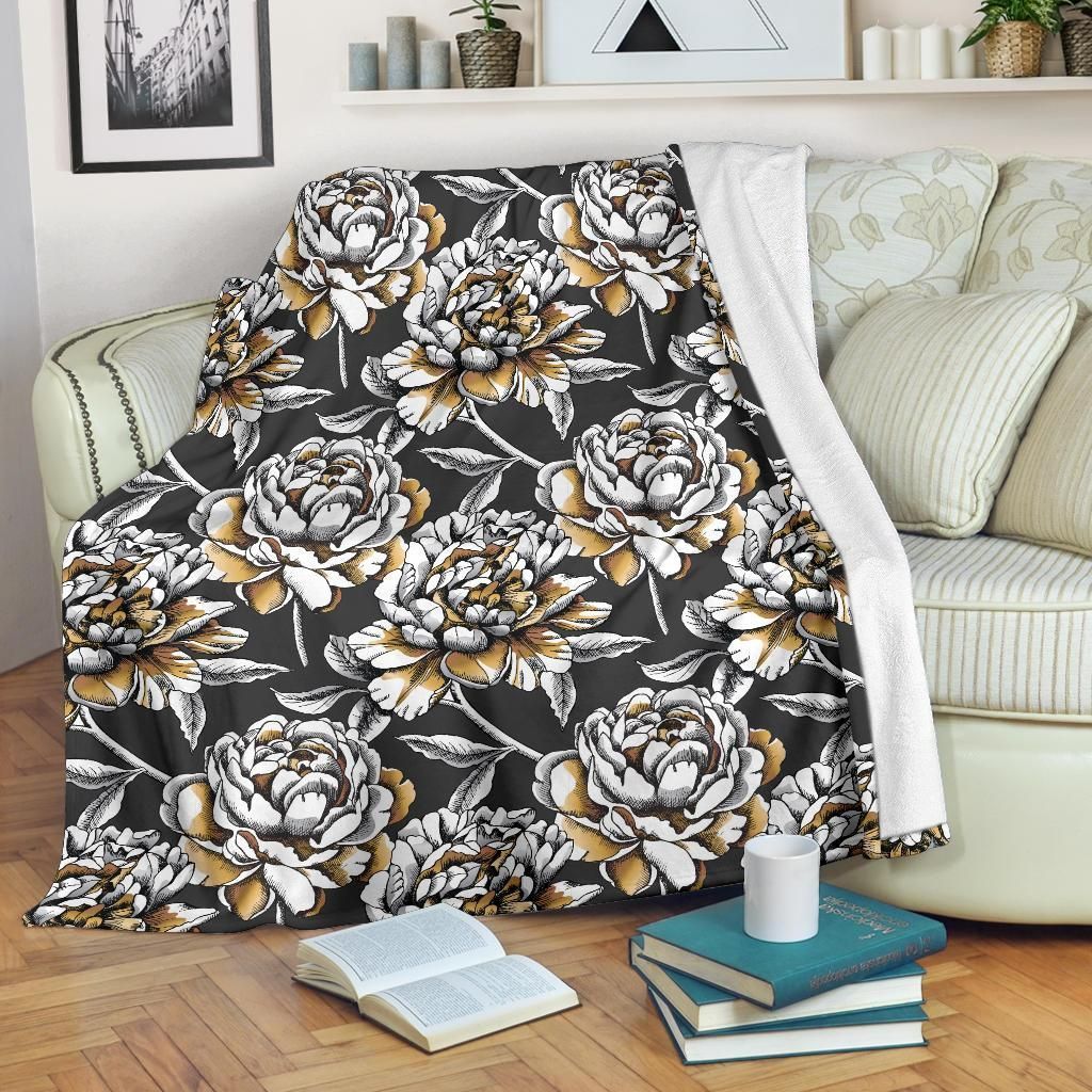 Peony Pattern Print Design Vintage Fleece Blanket