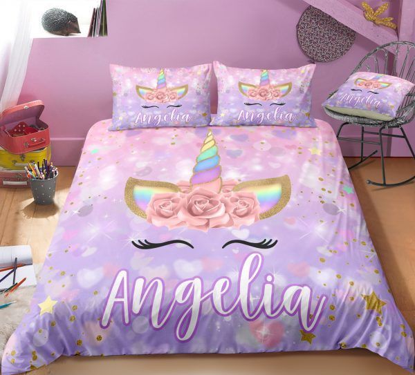 Personalized Cute Purple Unicorn Lash Bedding Set
