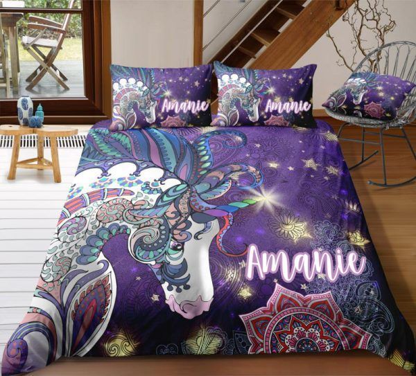 Personalized Mandala Purple Unicorn Bedding Set