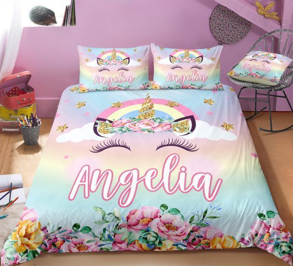 Personalized Rainbow Bling Bling Unicorn Lash Bedding Set