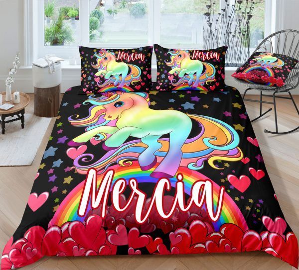 Personalized Red Heart Unicorn Bedding Set