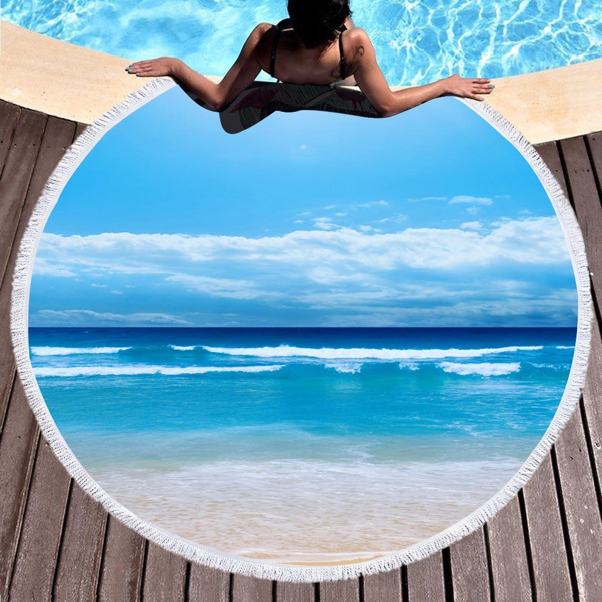 Photo Of Beach Ocean Printed Round Beach Towel