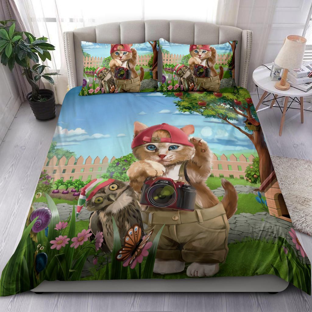 Photographer Cat And Owl Bedding Set