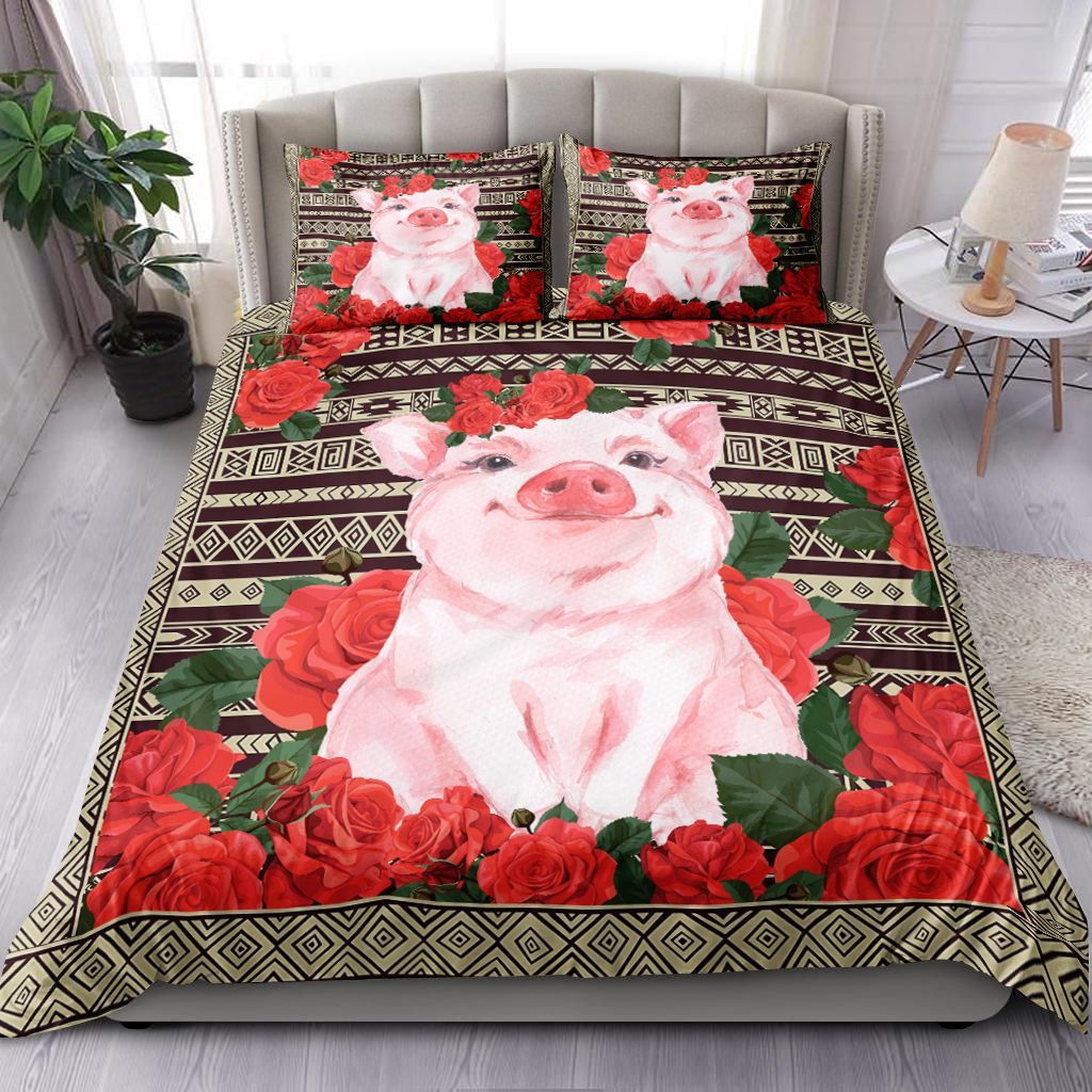 Pig And Roses Flower Pattern Bedding Set