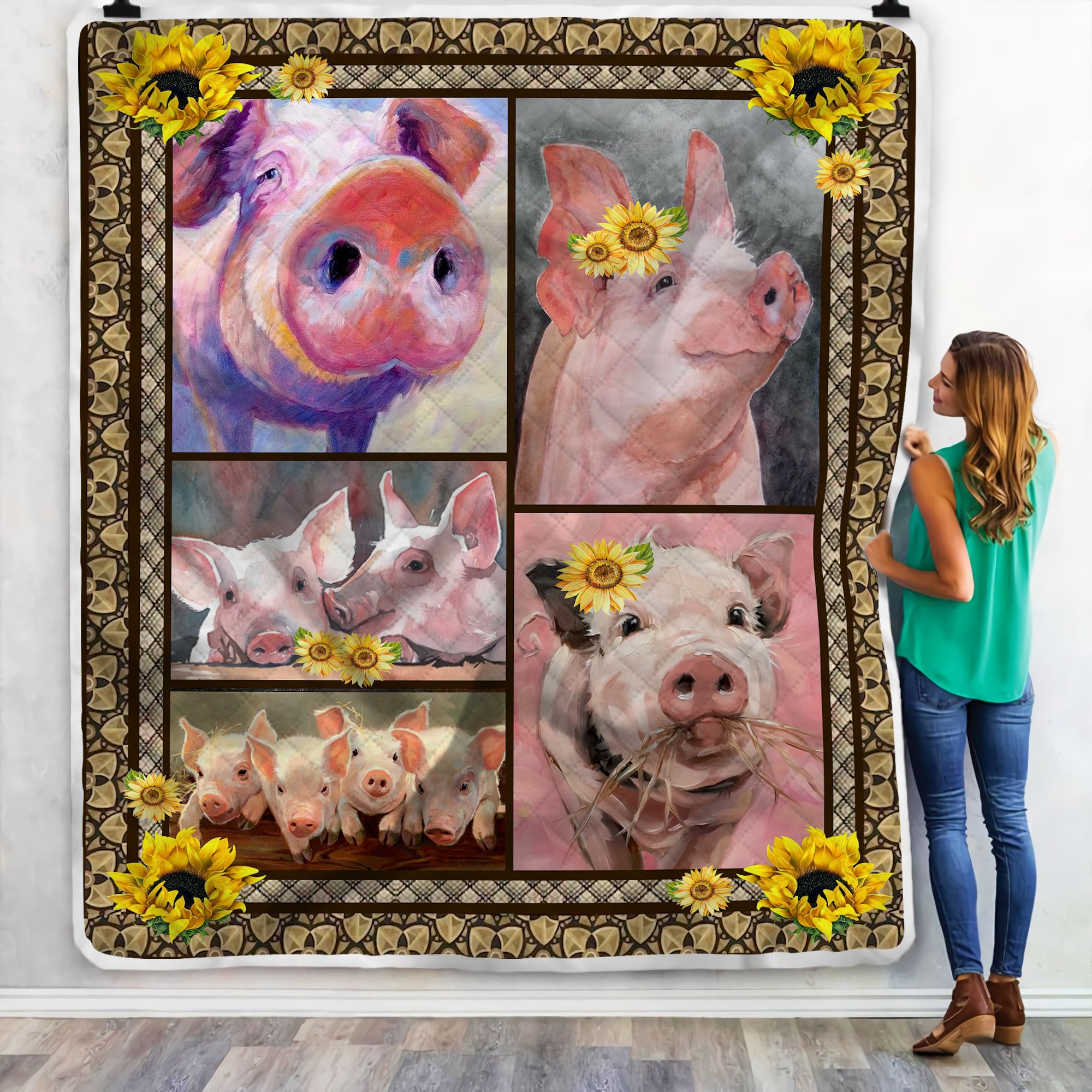 Pig Sunflowers Fleece Blanket