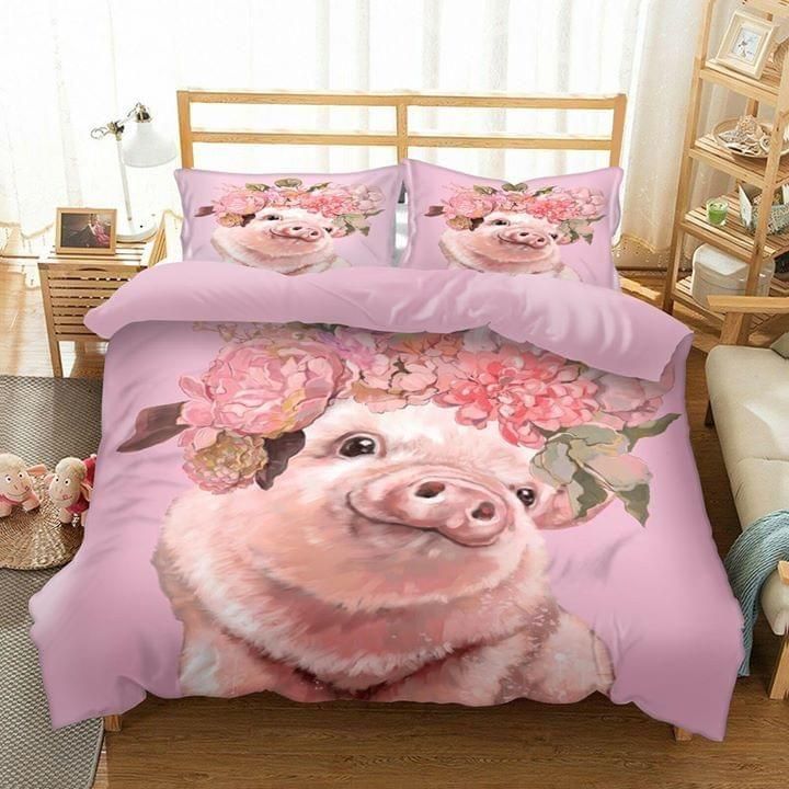 Pig With Flowers Hat Drawing Funny Gift  Bedding Set