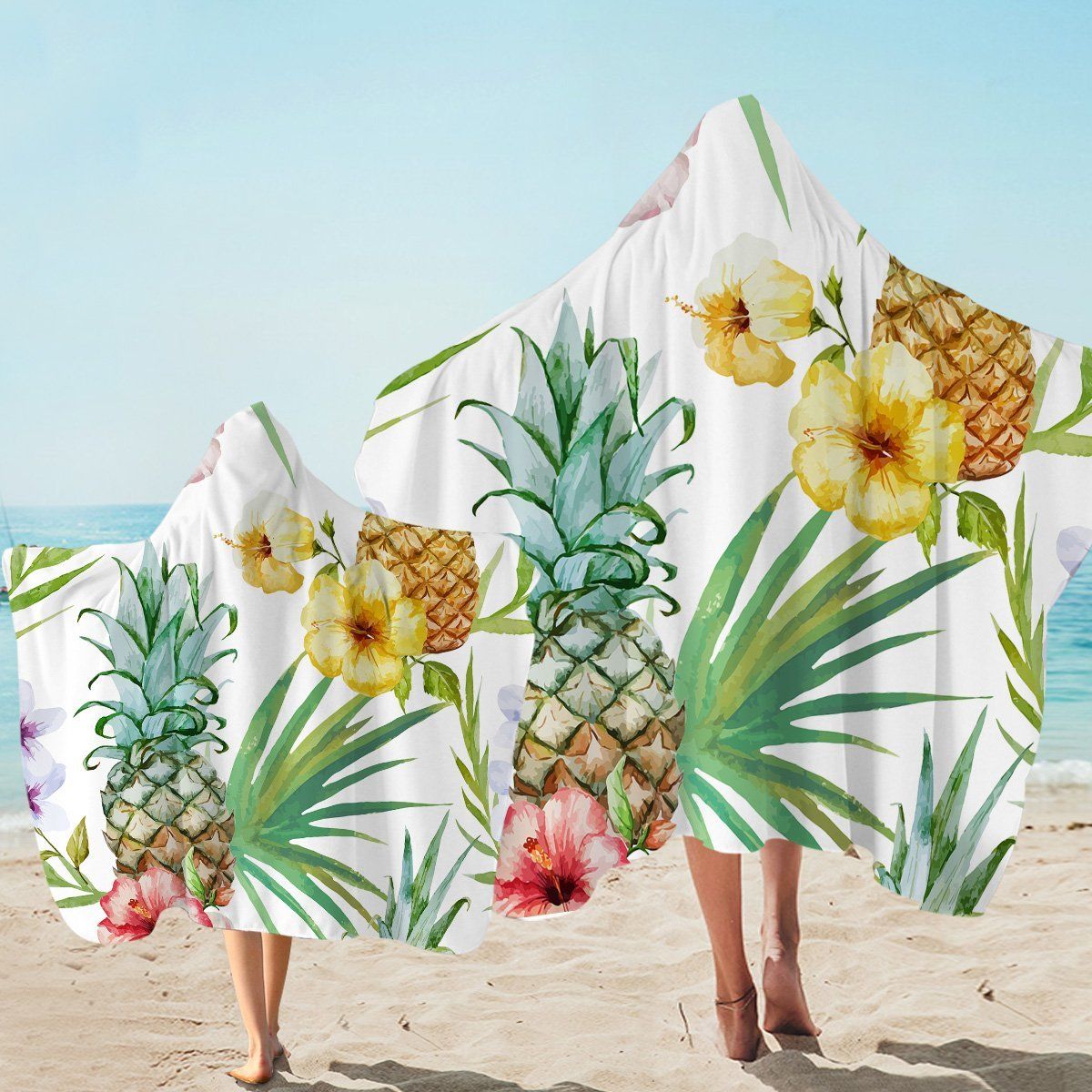 Pineapple And Flowers With Green Leaves Printed Hooded Towel