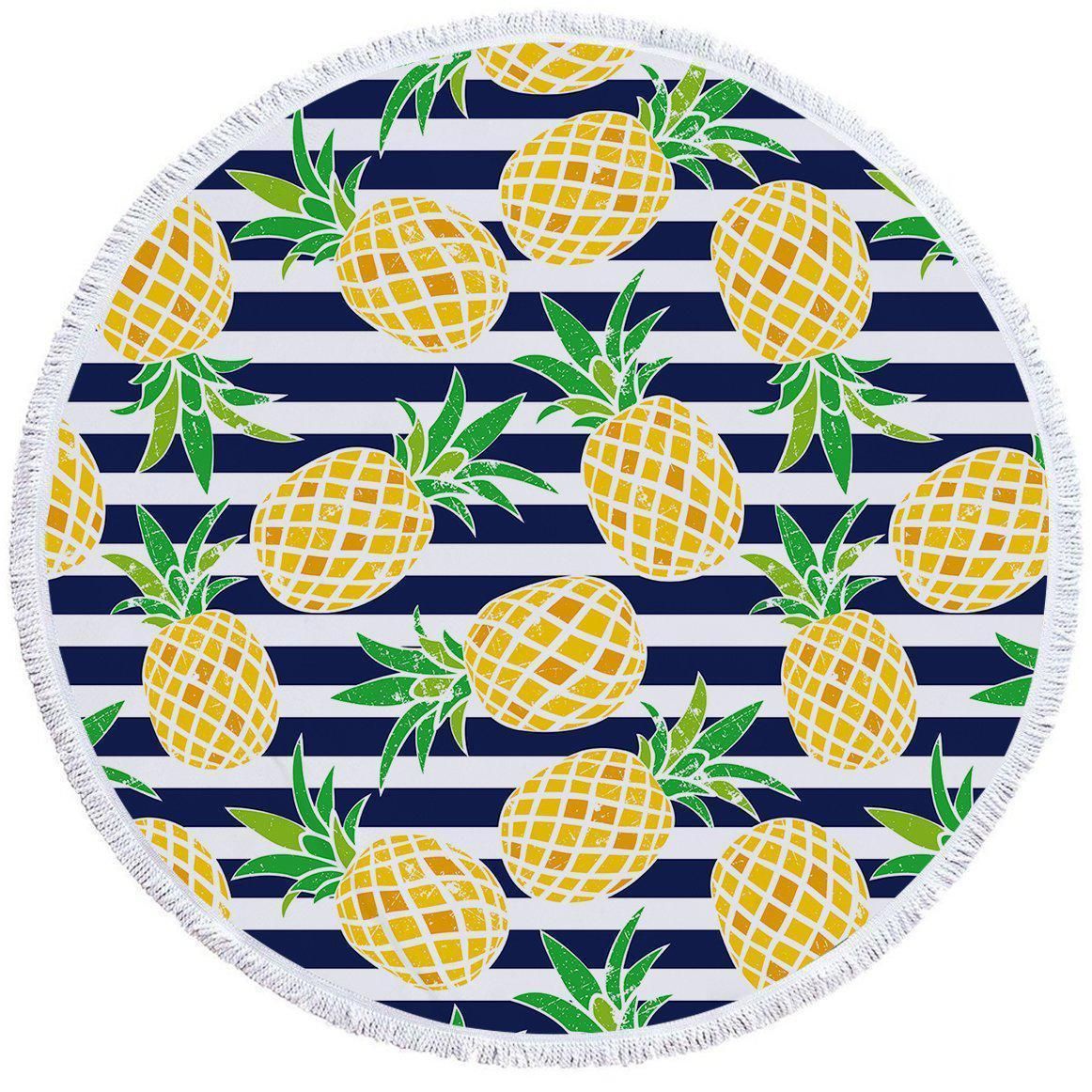 Pineapple Blue And White Striped Printed Round Beach Towel