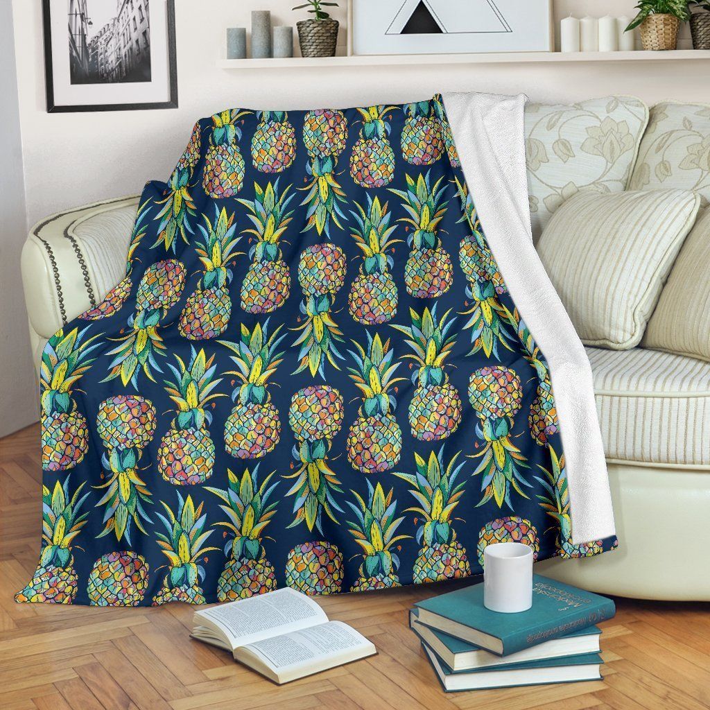 Pineapple Color Art Dark Blue Fleece Blanket