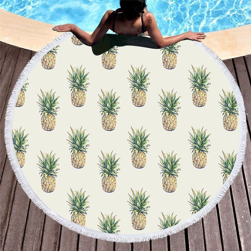 Pineapple Frenzy In White Printed Round Beach Towel
