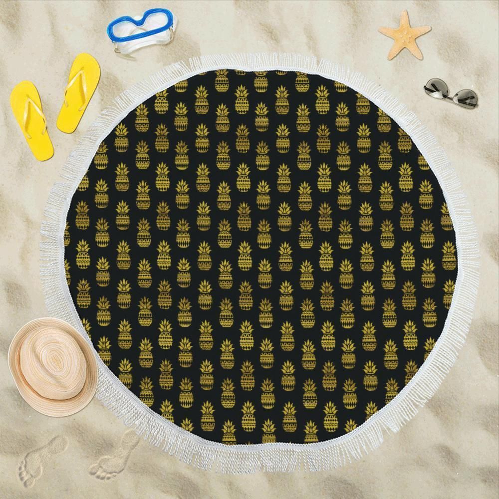 Pineapple Gold Tribal Style Printed Round Beach Towel