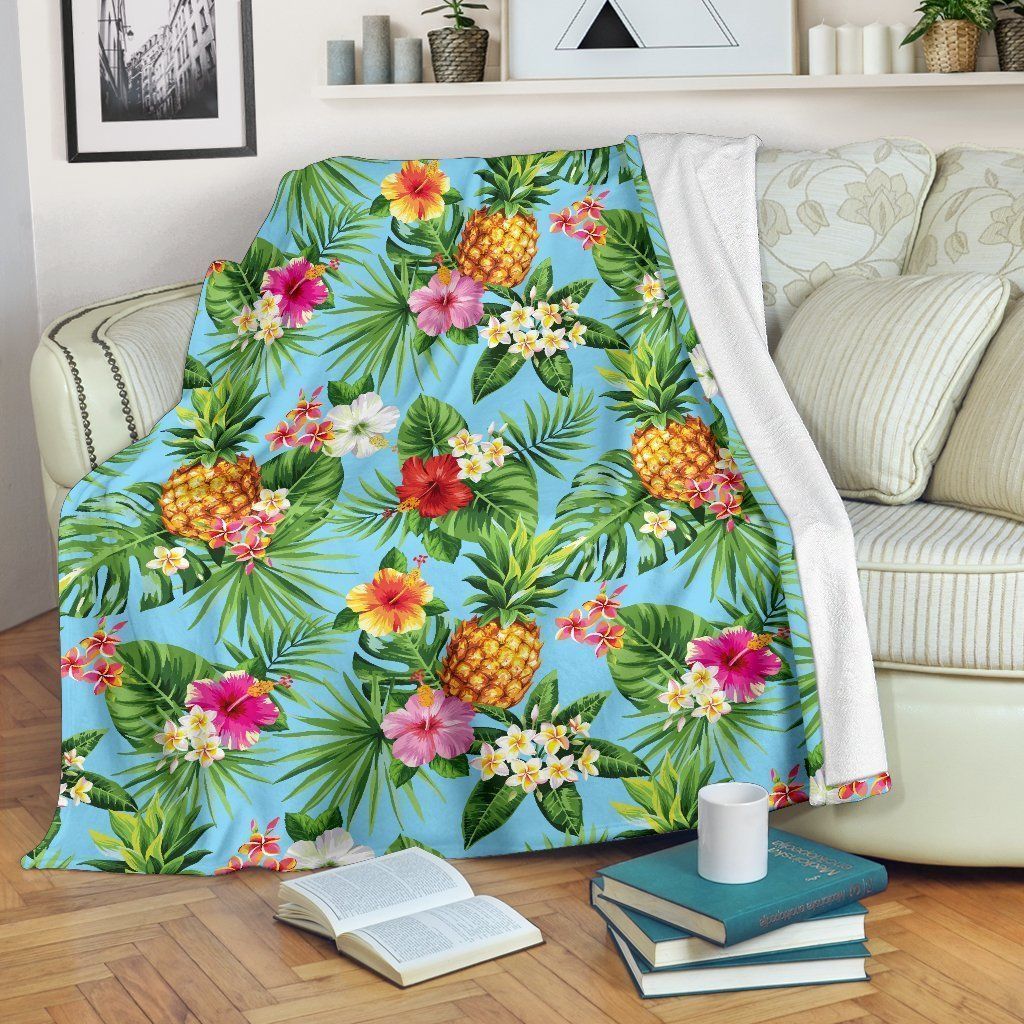 Pineapple Hawaiian Flower Tropical Light Blue Fleece Blanket