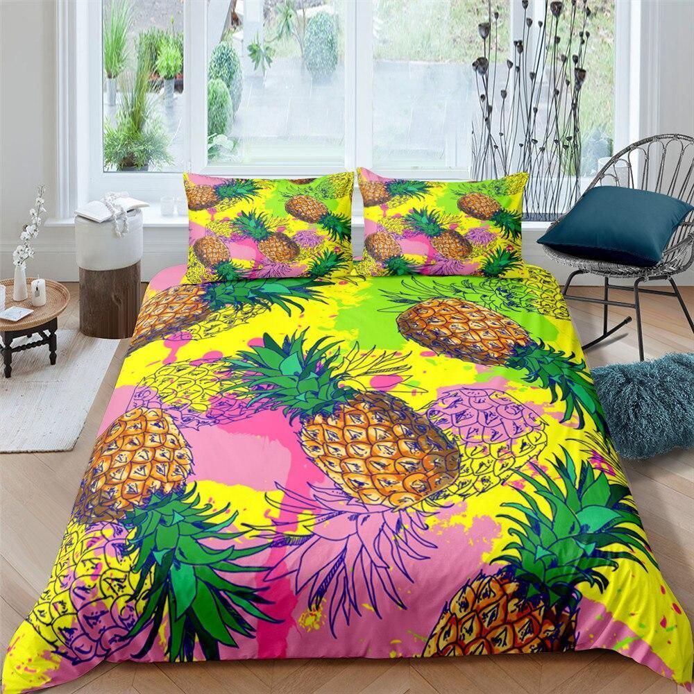 Pineapple Lovers Yellow And Pink Background Bedding Set