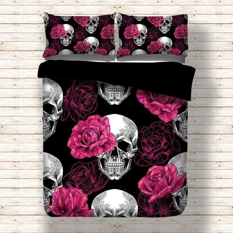 Pink And Black Skull Bedding Set