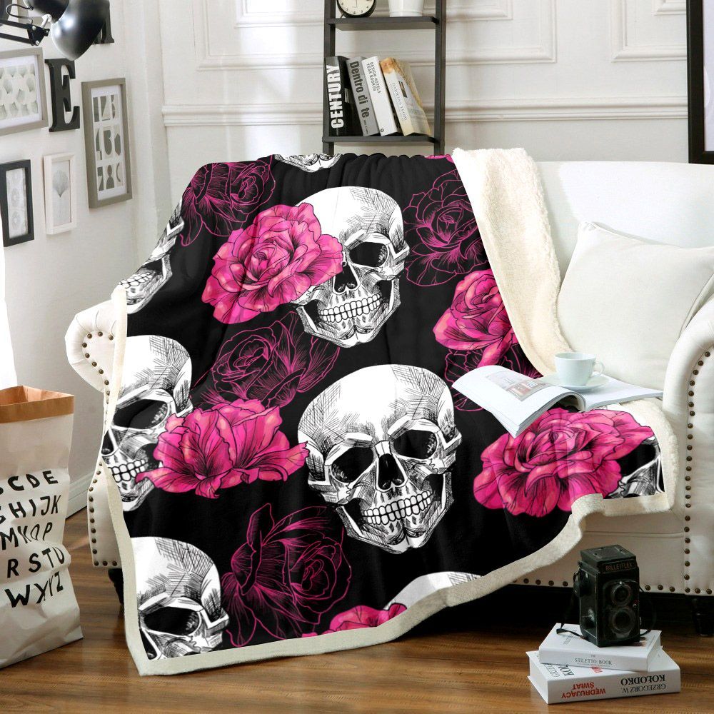 Pink And Black Skull Sherpa Fleece Blanket