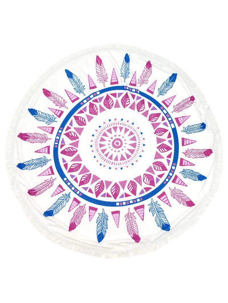 Pink And Blue Feather Printed Round Beach Towel