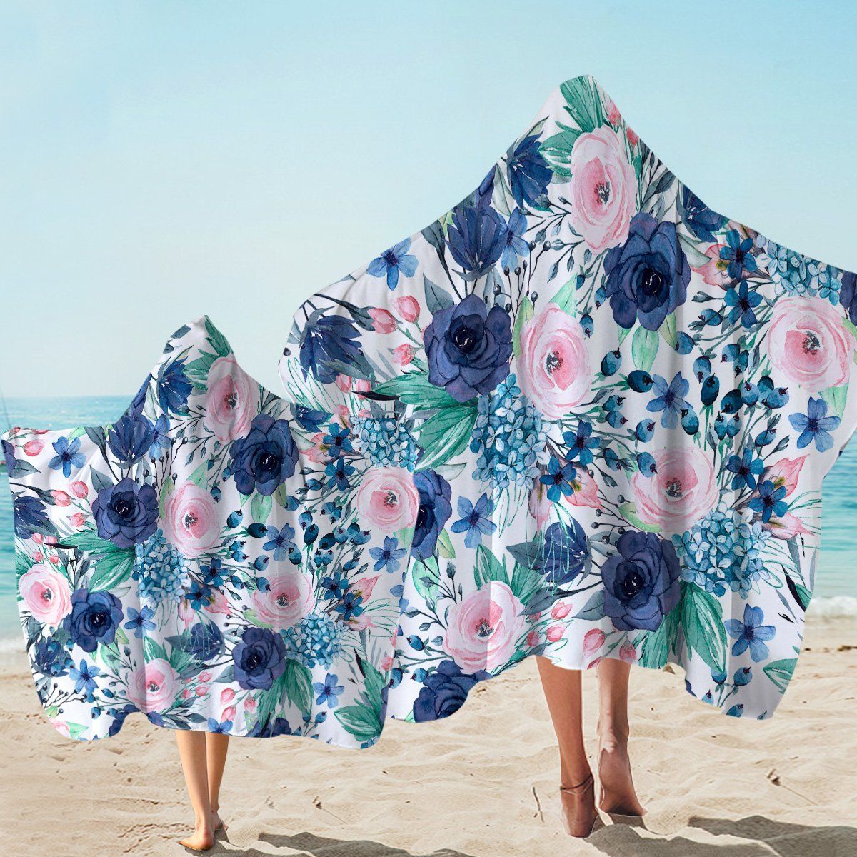 Pink And Blue Roses Pattern Printed Hooded Towel