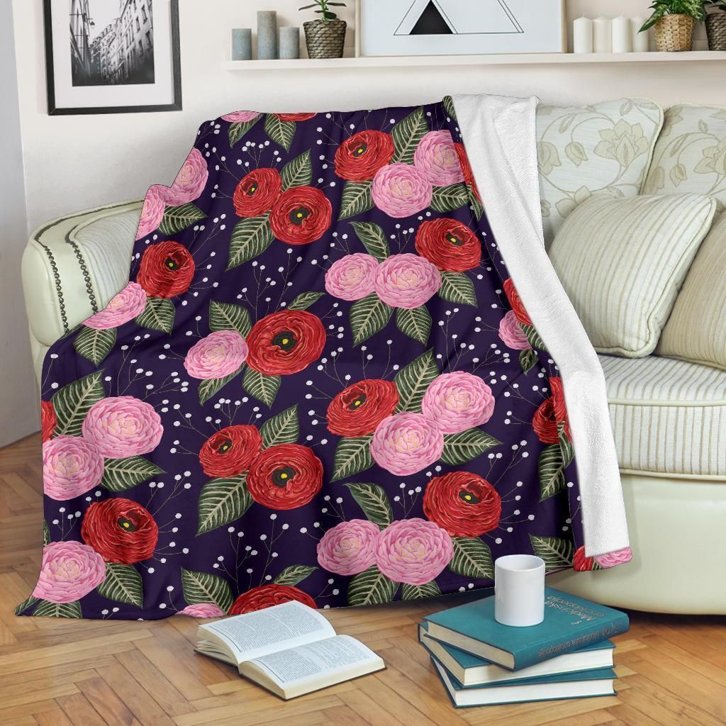 Pink And Red Camellia Pattern Print Design Fleece Blanket