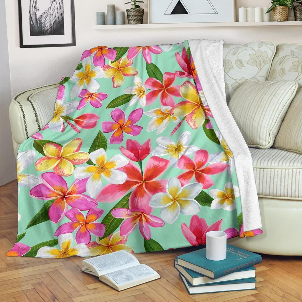 Pink And Yellow Plumeria Pattern Printed Fleece Blanket