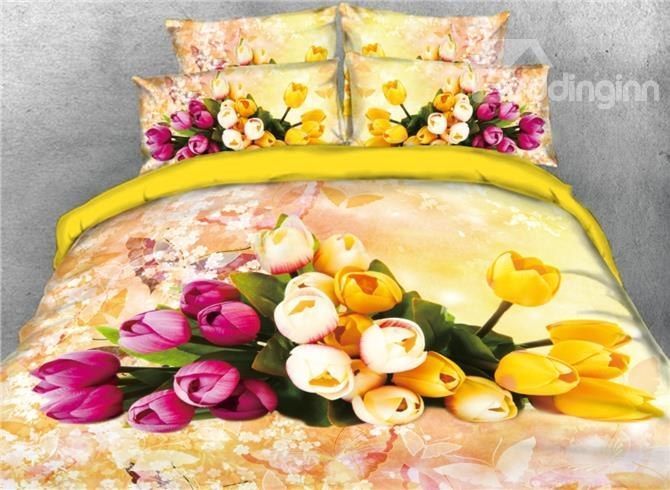 Pink And Yellow Tulip Bedding Set