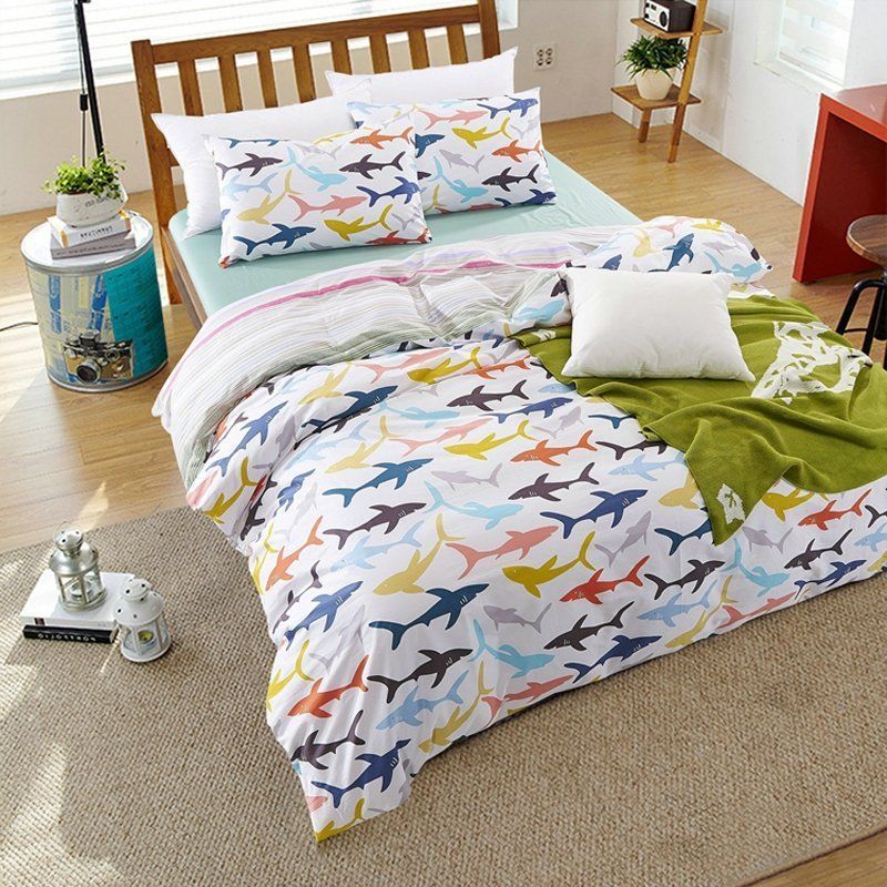 Pink Blue And Orange Bright Colorful Sharks Print Undersea World Marine Life Bedding Set