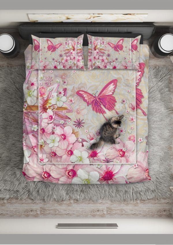 Pink Butterfly On The Lovely Flowers Bedding Set