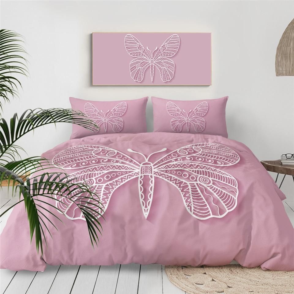 Pink Butterfly Pink And White Bedding Set