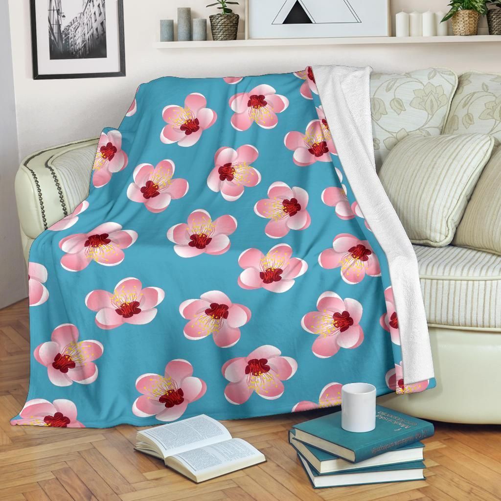 Pink Cherry Blossom Pattern Print Design Blue Fleece Blanket
