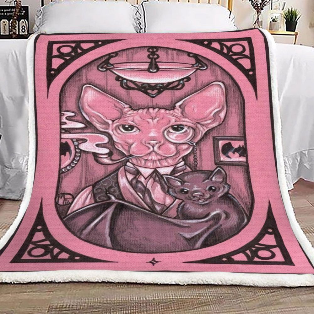 Pink Colorized Sphynx Cat And A Bat Sherpa Fleece Blanket