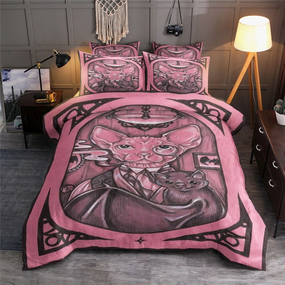 Pink Colorized Sphynx Cat And A Bat Bedding Set