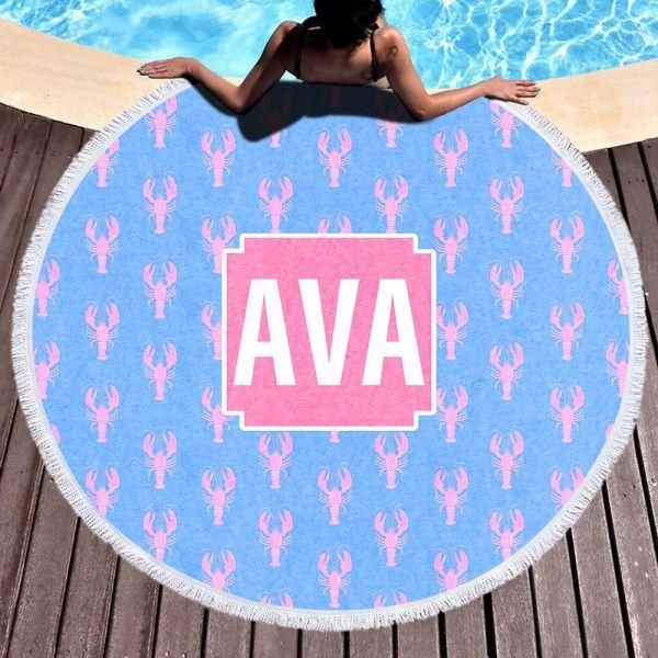 Pink Crayfish Custom Name Printed Round Beach Towel