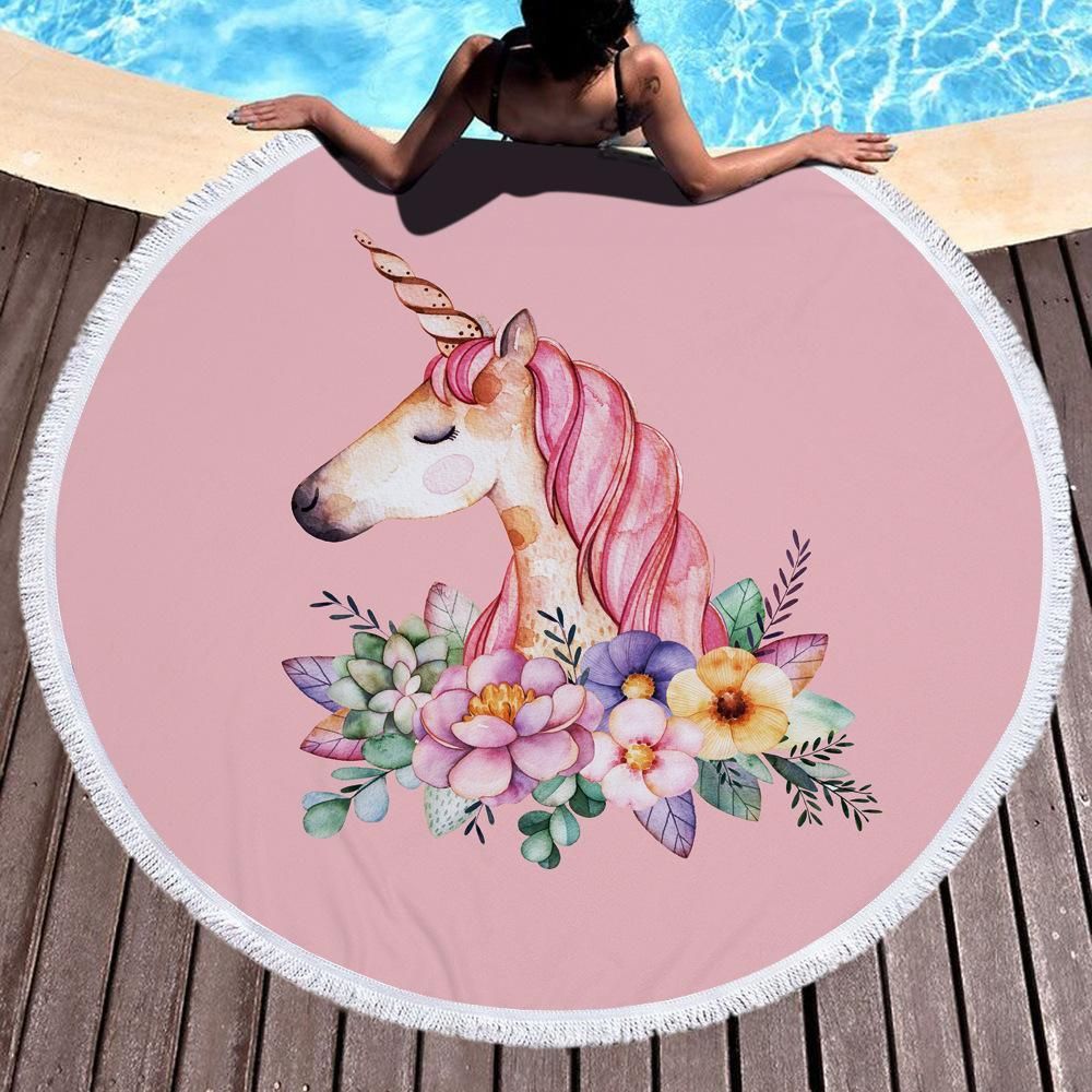 Pink Cute Unicorn With Flower Printed Round Beach Towel