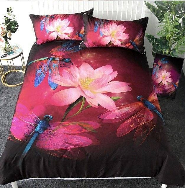 Pink Dragonfly Lotus Bedding Set