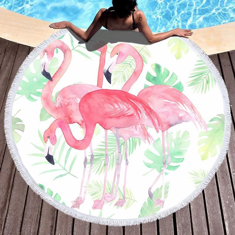Pink Famingo Summer Time Printed Round Beach Towel