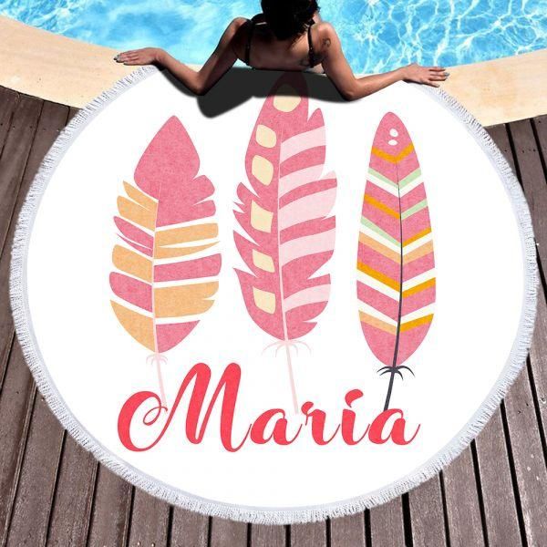 Pink Feather Custom Name Printed Round Beach Towel