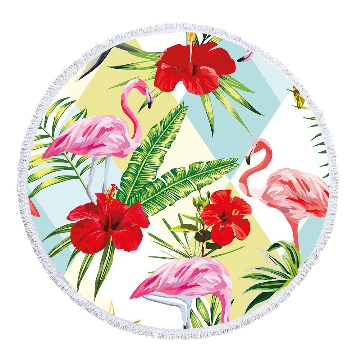 Pink Flamingo And Hibiscus Green Leaves Printed Round Beach Towel