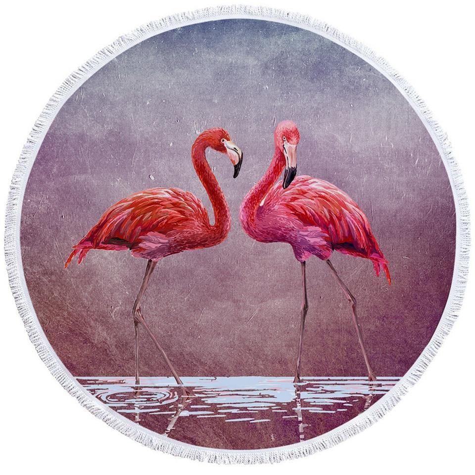 Pink Flamingo Couple Love Forever Round Beach Towel