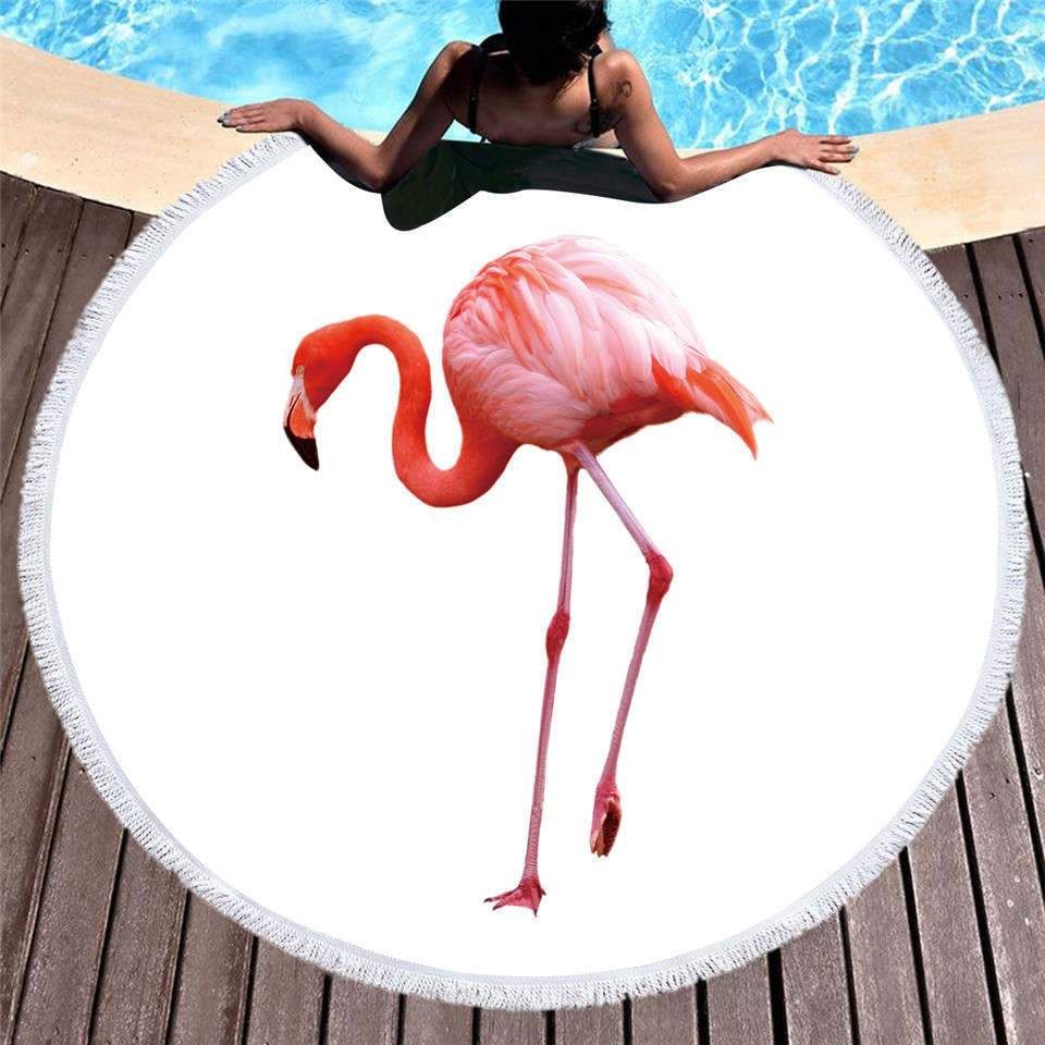 Pink Flamingo In White Printed Round Beach Towel