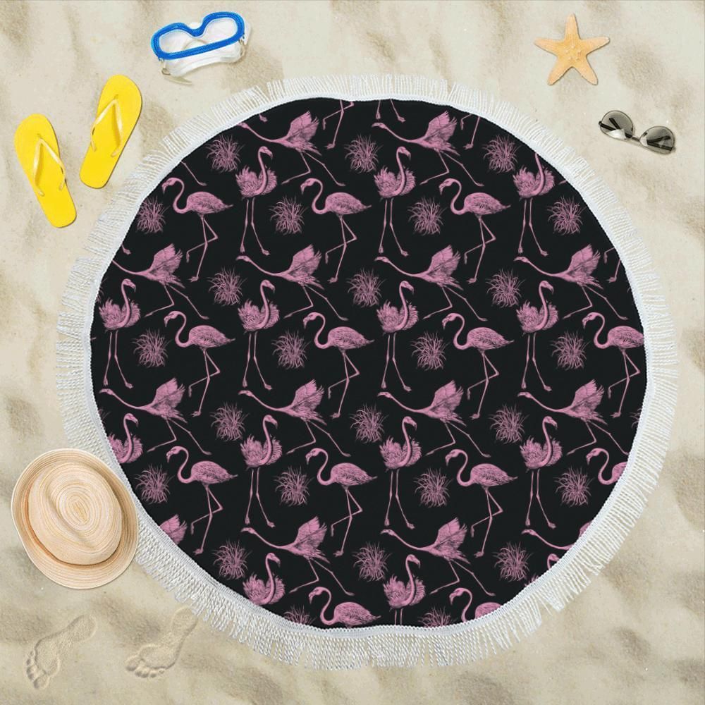 Pink Flamingo On Black Pattern Printed Round Beach Towel