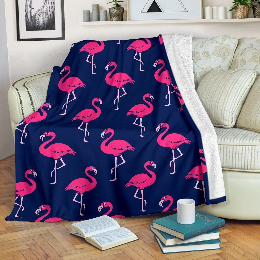 Pink Flamingo Pattern Dark Blue Fleece Blanket