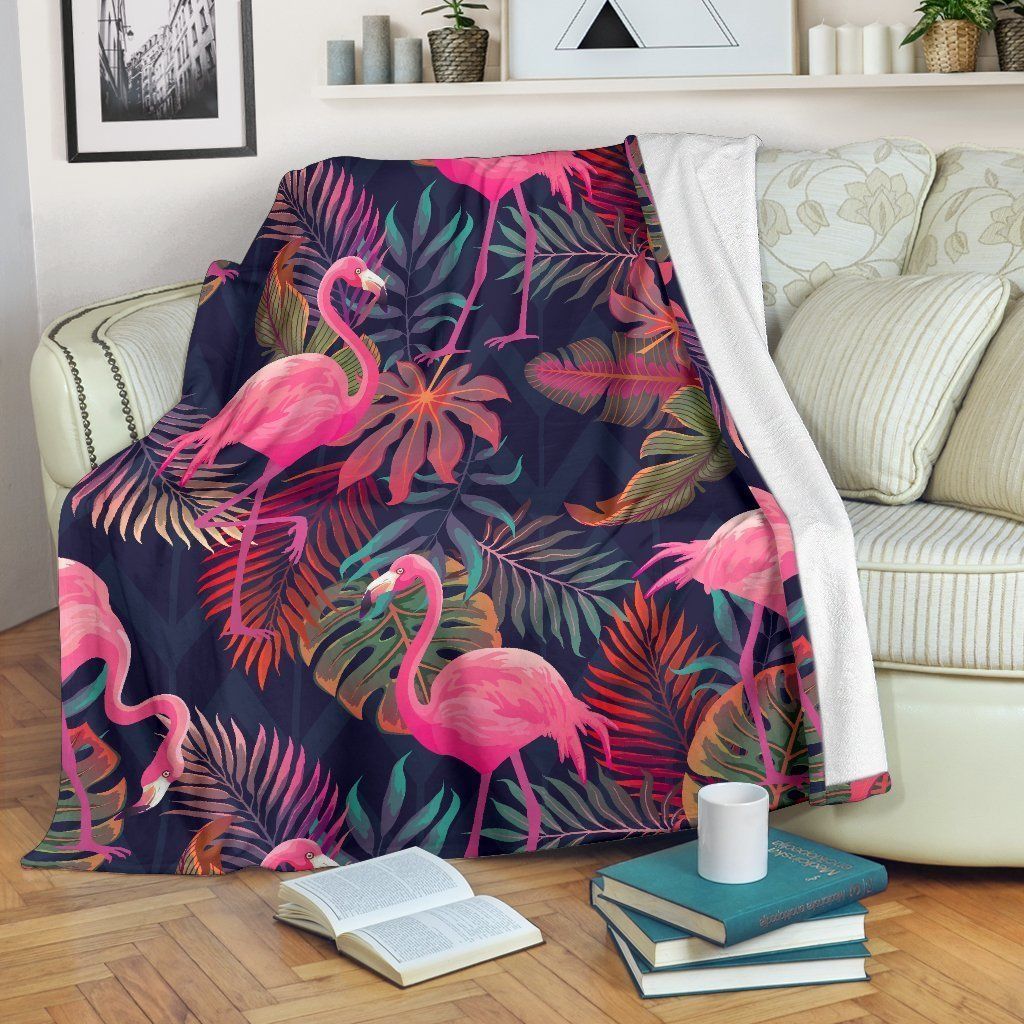 Pink Flamingo Summer Tropical Leaves Pattern Printed Fleece Blanket