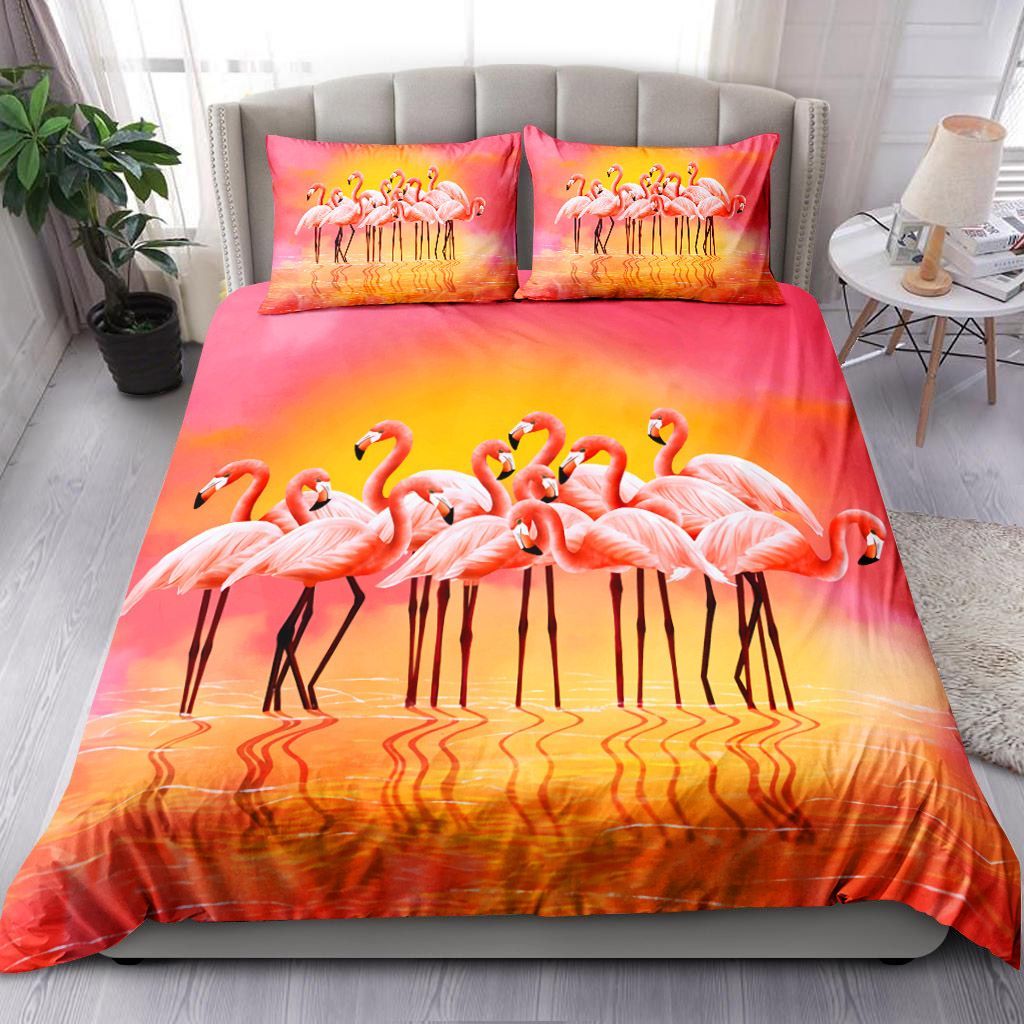Pink Flamingos On A Bright Pink Background And Sunset Bedding Set