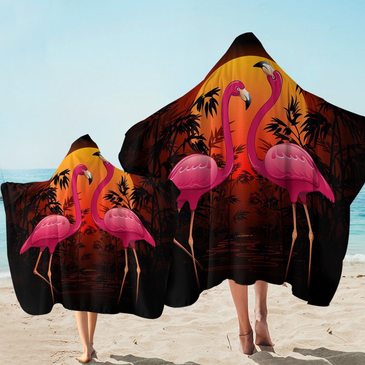 Pink Flamingos Sunset Printed Hooded Towel